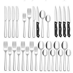 Hiware 24-Piece Silverware Set with Steak Knives, Stainless Steel Flatware Cutlery, Mirror Polished Flatware Serving Utensils Set for 4, Includes Forks Spoons Knives Silverware, Dishwasher Safe