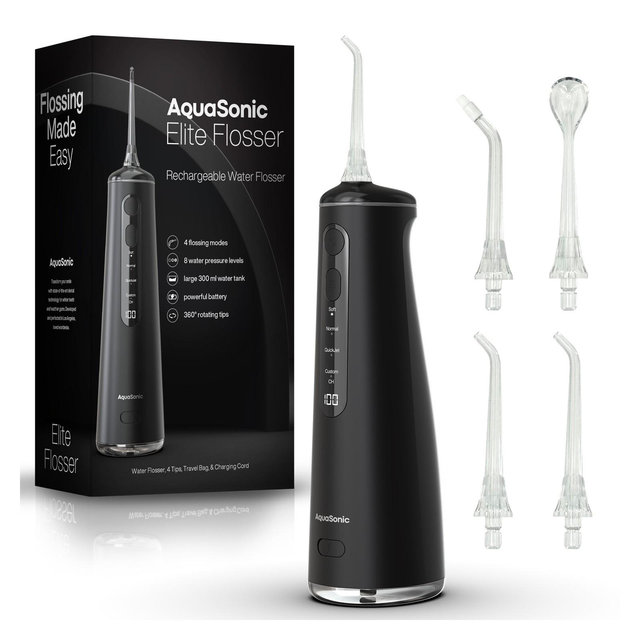 AquaSonic Elite Flosser - Rechargeable Cordless Water Flosser with 4 Tips - Oral Irrigator with 4 Modes - Portable & Cordless