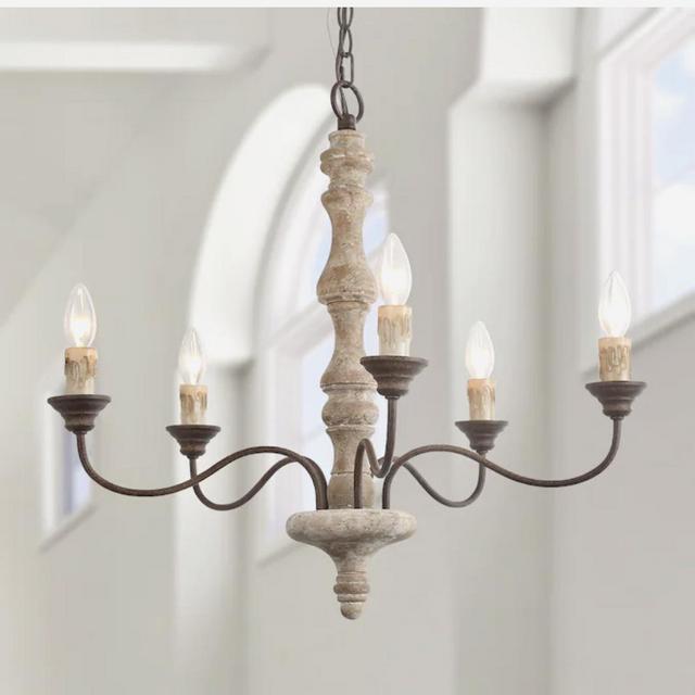 LNC Andromeda 5-Light Graysih White Wood and Rustic Bronze Farmhouse Chandelier
