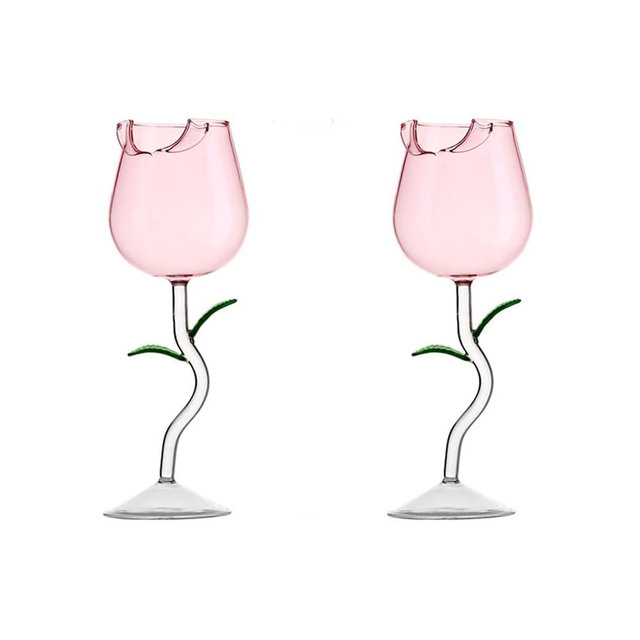 LIBOOI Rose Wine Glass, 150ml Romantic Flower Red Wine Glasses Cocktail Glasses Set of 2, Creative Rose Flower Goblet Glass Drinking Cup Gifts for Bar Wedding Valentines Day Party Anniversary
