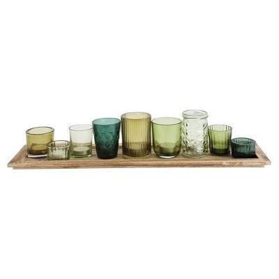 Glass &#38; Wood Candle Gift Set Green 22 in - 3R Studios
