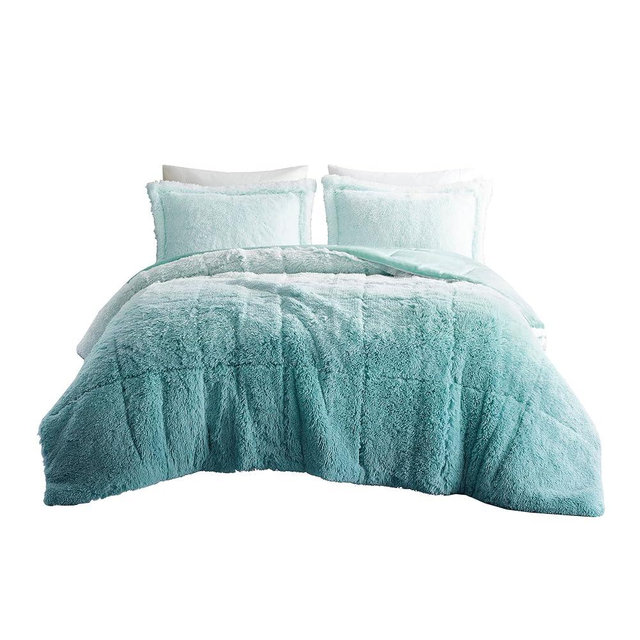 Intelligent Design Brielle, Long Shaggy Faux Fur Comforter Set, Plush Reverse, Trendy Ombre Design, Modern, Cozy All Season Bedding, Matching Sham, King/Cal King(104"x90") Aqua 3 Piece