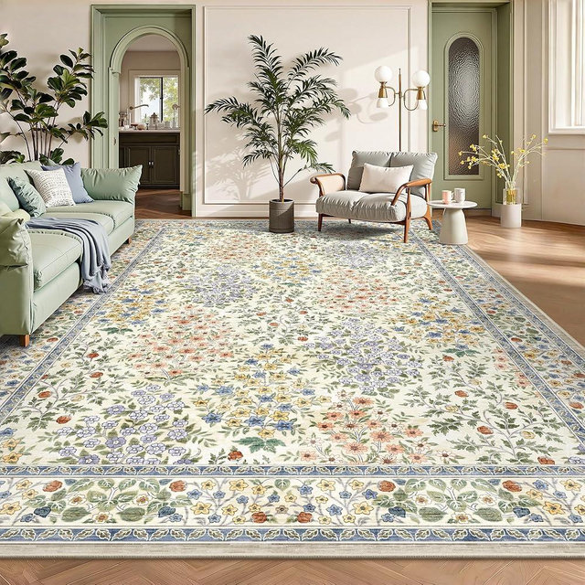 Yarooge 9x12 Area Rugs, Machine Washable Low Pile Floral Rugs for Living Room, Bedroom, Large Boho Area Rug with Non-Slip Backing for Dining Room(Beige Floral)