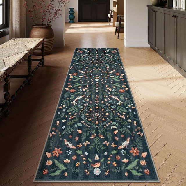 Lahome Insect Botanical 2'6"x10' Black Runners for Hallways, Non Slip Washable Kitchen Bathroom Carpet Runner,Soft Non Skid Indoor Rugs for Entryway Laundry Bedroom(Black,2'6"x10')