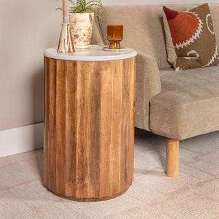 Luca Round Mango Wood Fluted End Table with Marble Top