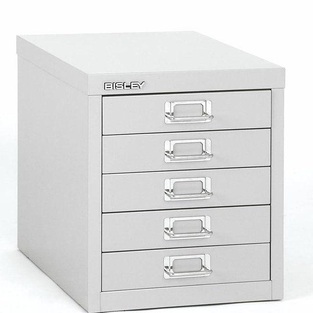 Bisley 5-Drawer Steel MultiDrawer Cabinet - Light Grey, Chrome Pull Handles with Label Holders, Powder-Coated Steel, Removable Drawers, Desktop Storage, Labels Included