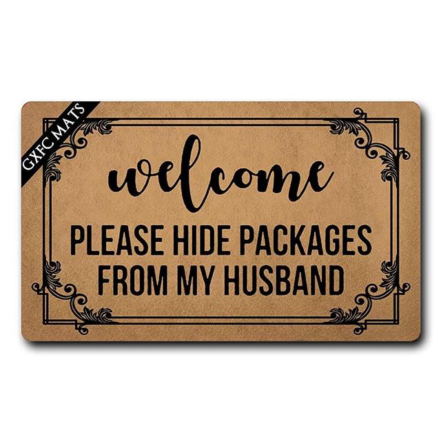 GXFC Welcome Mat with Rubber Back Welcome Please Hide Packages from My Husband Funny Doormat for Entrance Way Monogram Mats for Front Door Mat No Slip Kitchen Rugs and Mats 30"(L) x 18"(W)