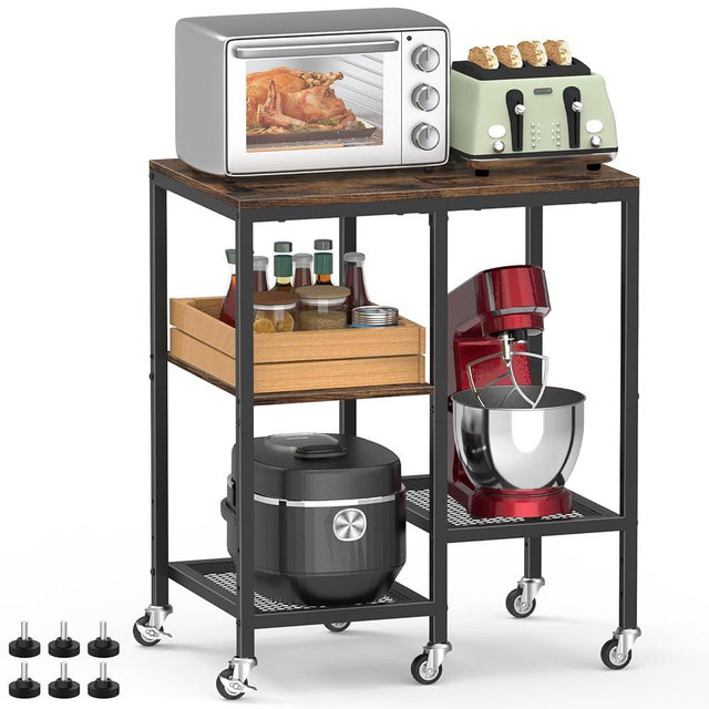 OGEMXU Kitchen Microwave Cart,Microwave Stand with Wheels,Coffee Bar Table Station,4-Tier Rolling Baker's Rack,Small Appliance Storage Shelf,Utility Side Table for Kitchen,Living Room (Rustic Brown)