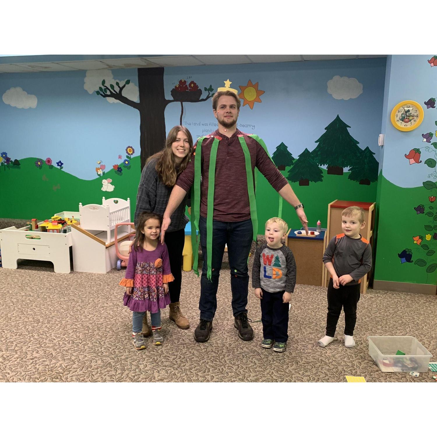 Seth and Ellie lead the 3-year-old small group on Sunday mornings. The kids got to decorate Seth like a Christmas tree