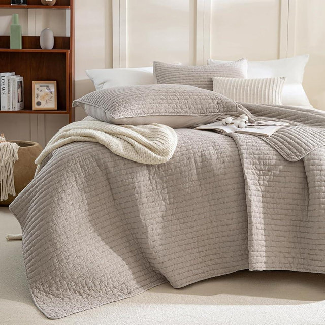 Sanracie Stonewashed Queen Quilt Bedding Set(90"x98"), Pre-Washed Cotton Linen Colored Crinkle Bedspread Coverlet 3Pcs Soft Lightweight Breathable Cross Stitch Pattern Bedspread Set for All Season