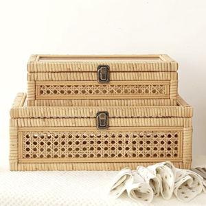 Rattan and Cane Stacking Boxes with Glass Top Lid - Set of 2 for Boho, and Rustic Farmhouse Decor