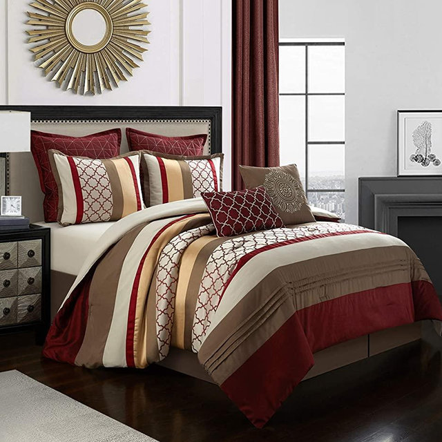 Stratford Park Bedding Striped Pintuck 8-Piece Comforter Set, Berry Taupe, Queen