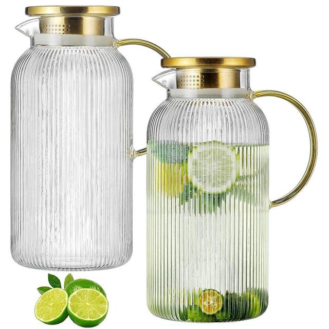 Buaic 2 PACK Glass Pitcher with Lid, 84oz/2.5L Liter Classic Vertical Stripes Water Pitcher,Glass Water Carafe for Cold Brew, Coffee, Lemonade, Iced Tea,Beverage, Heat Resistant Water Glass Jug
