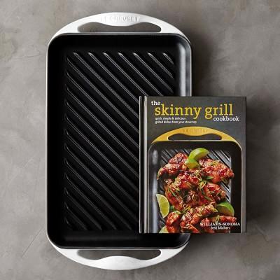 Le Creuset Rectangular Cast-Iron Skinny Grill with Cookbook, Matte White