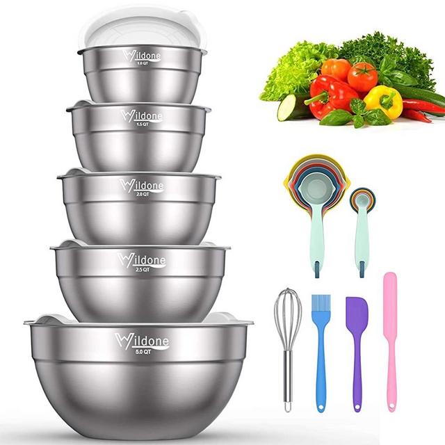 Mixing Bowls with Airtight Lids - Wildone 19 Piece Stainless Steel Nesting Bowls Set, BPA Free & Extra Deep, Size 5, 2.5, 2, 1.5, 1 QT, Great for Mixing & Serving