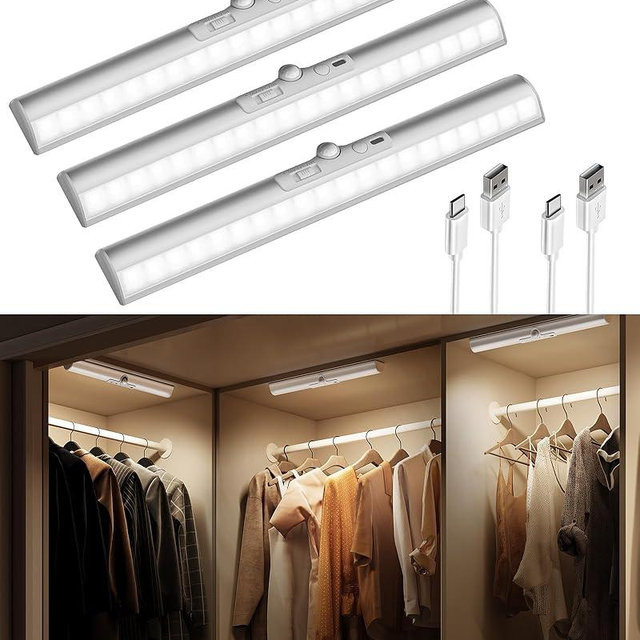 EZVALO 13-inch Motion Sensor Closet Light with Eye-Protection Design, 1800mAh Rechargeable Under Cabinet Lighting, 3 Color Temps Night Light for Pantry, Closet - 3 Pack