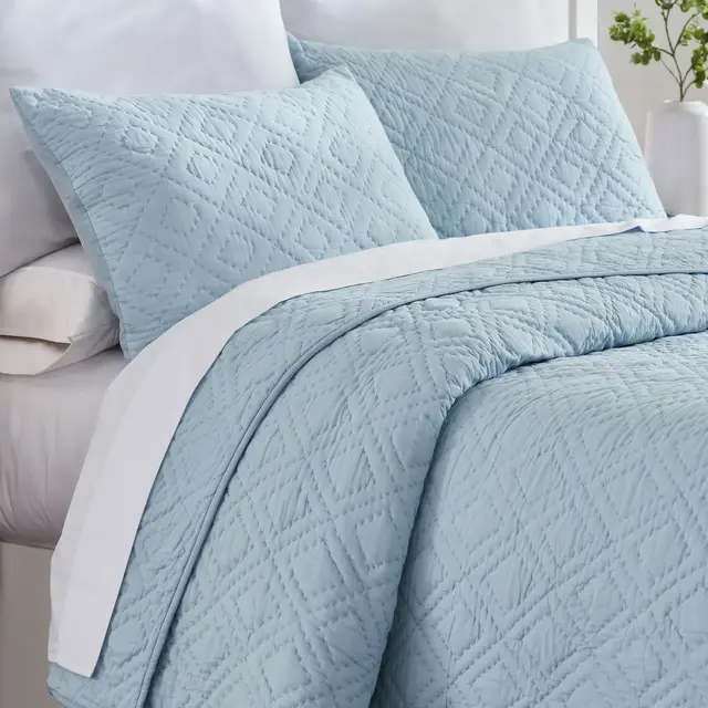 Luxury 100% Cotton Quilt Set, Hand-Quilted, Pre-Softened, Diamond Pattern by California Design Den - Blue, King