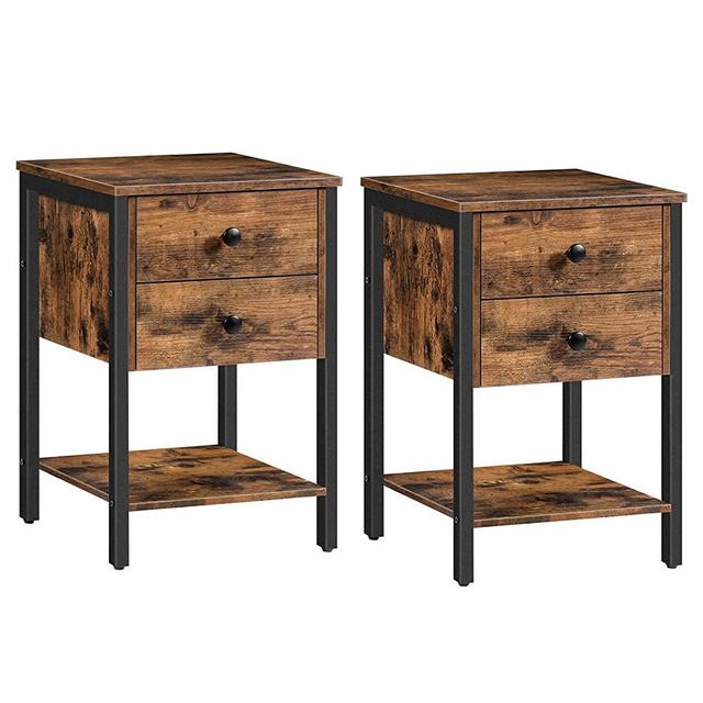 HOOBRO Nightstands Set of 2, End Table with 2 Drawers and Open Shelf, Square End Table for Storage, Bedside Table in Living Room, Bedroom, Wooden Look with Metal Frame, Rustic Brown BF47BZP201US