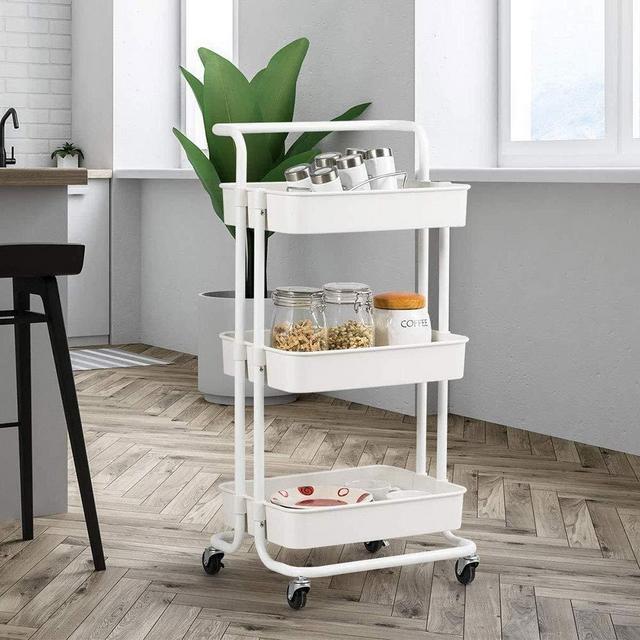 3-Tier Metal Rolling Cart Metal Organization Cart with Handle Lockable Wheels Casters for Office/Home/Kitchen/Bathroom (42x35x87cm)