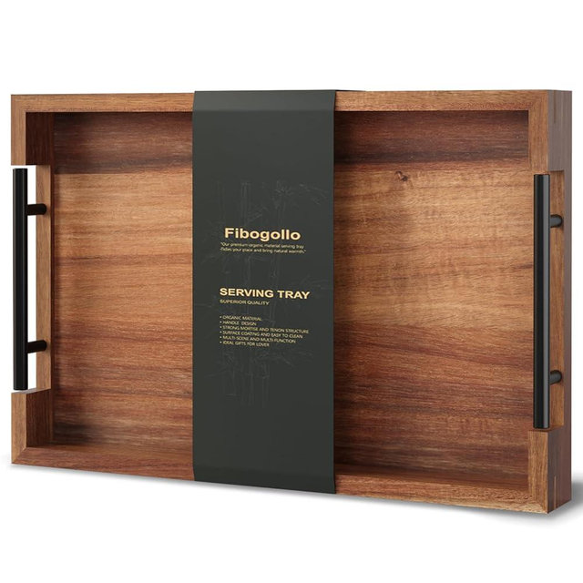 Fibogollo Acacia Wood Serving Tray with Metal Handles,15x10in Ottoman Decorative Trays Platter for Coffee Table,Living Room,Bar,Party(Medium)