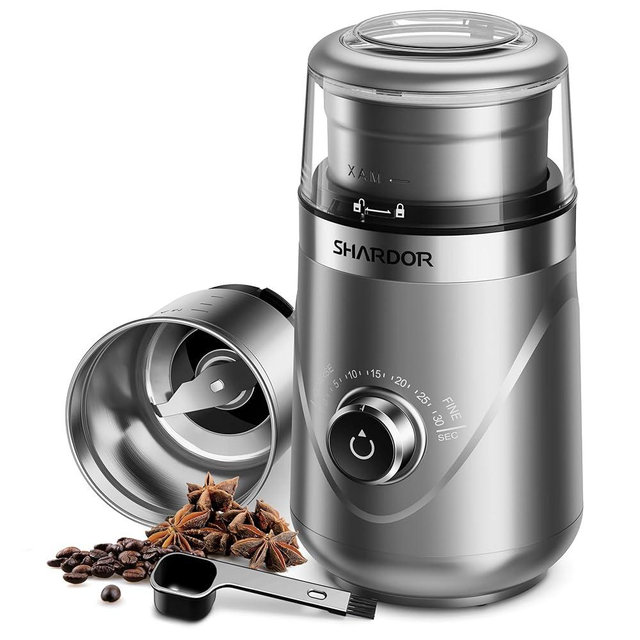 SHARDOR Electric Super Silent Blade Coffee Grinder, Timed Grind Control Rotary Knob, Adjustable Coarse to Fine for Coffee Beans, Spices & Herbs, with 1 Removable Stainless Steel Bowl, Sliver
