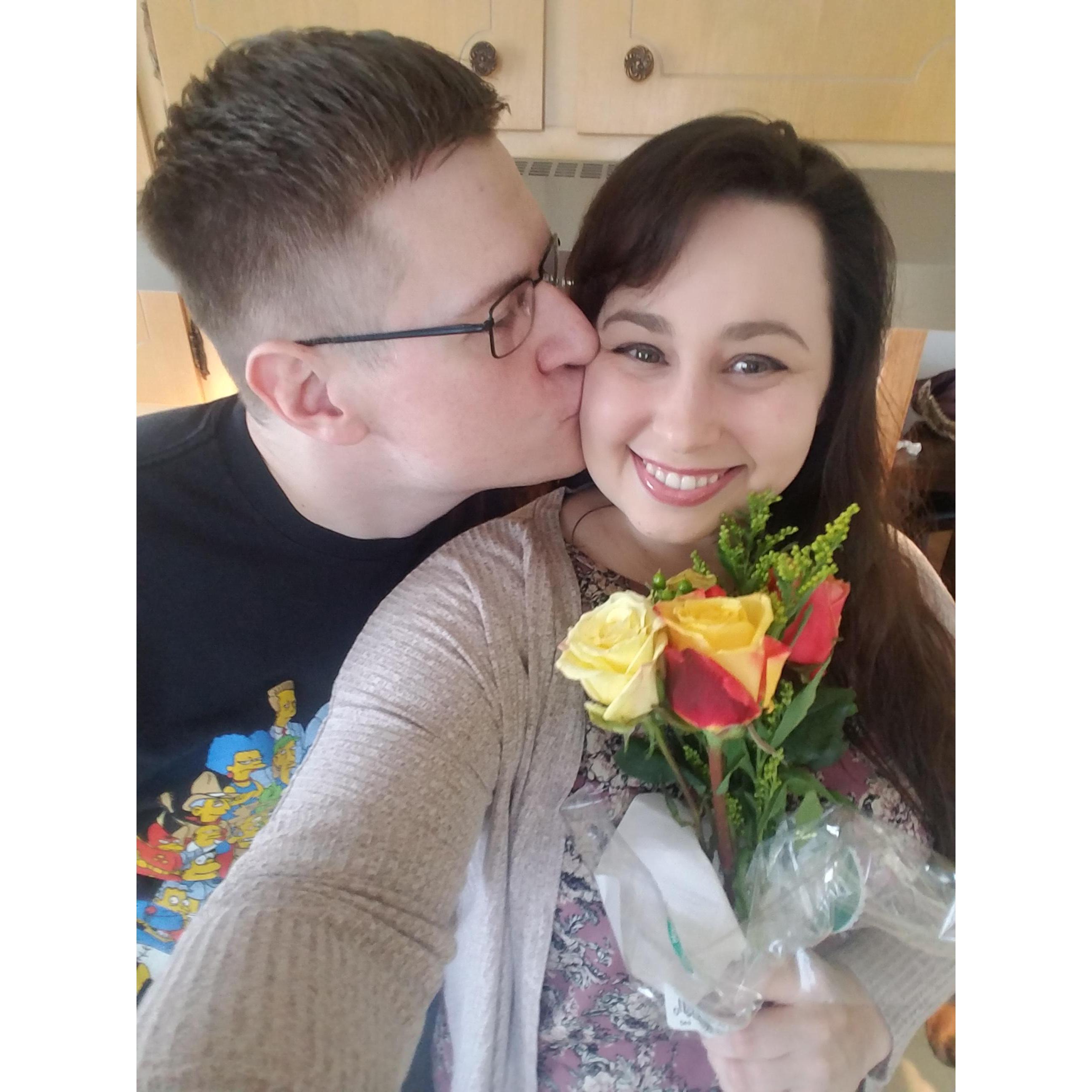 "Happy Today!"  
A lovely tradition set by Joe's dad...give your woman some flowers on a random day!