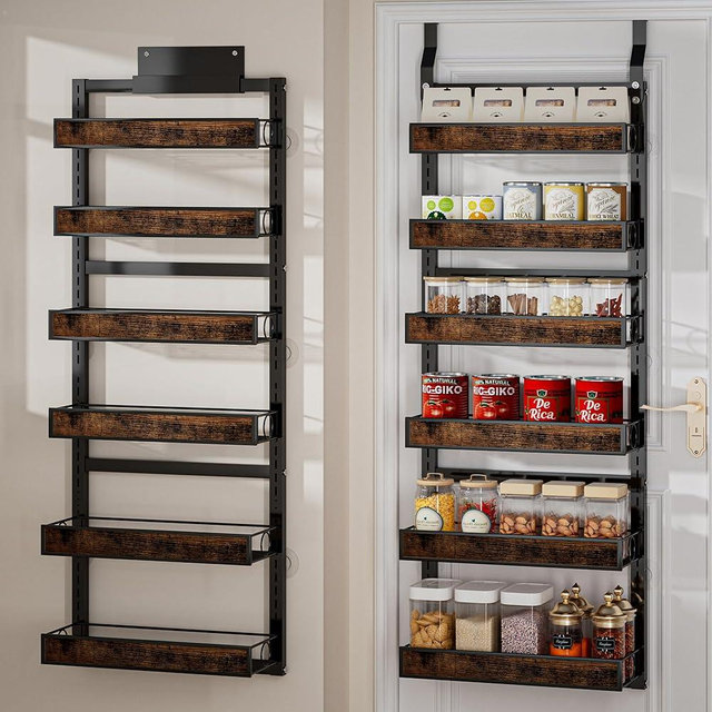 Clothink 6 Tier Over The Door Pantry Orangizer 2 IN 1 Wall Mounted or Hanging Spice Rack with Adjustable Wood Basket,Heavy Duty Seasoning Storage Shelf for Kitchen Pantry and Bathroom