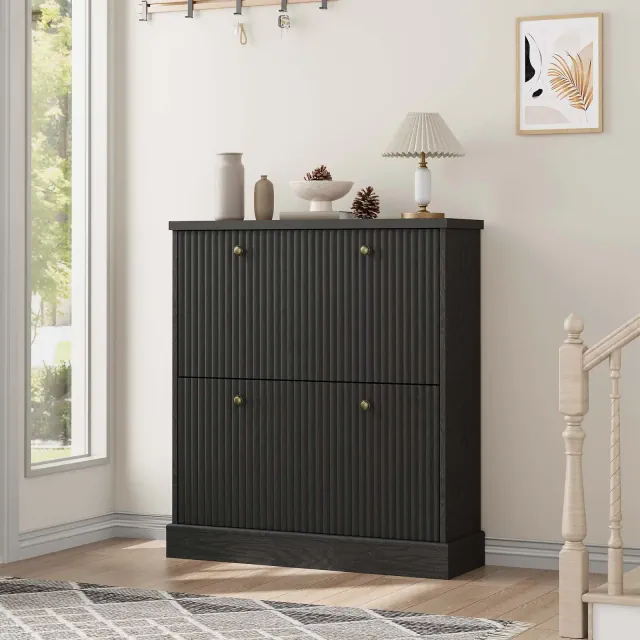 GarveeHome Shoe Cabinet with 3 Flip Drawers, Hidden Wooden Fluted Shoe Cabinet with Adjustable Shelf, Freestanding Shoe Storage Cabinet for Entryway