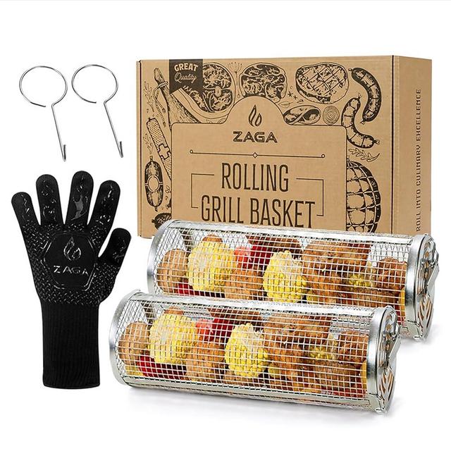 Heavy Duty Grill Baskets for Outdoor Grill Vegetables Shrimp Large Capacity 2 Pcs | Rolling Grill Basket with Heat Resistant Glove Secure Lock System Perfect BBQ Accessories Gift for Men Gifts for Dad