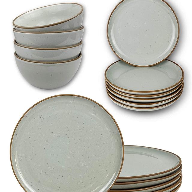 Mora Ceramic Dinner Plates, Salad Plates, Cereal Bowls Bundle - Microwave, Oven and Dishwasher Safe, Modern Dinnerware - Earl Grey