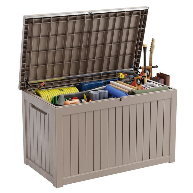 PatioZen 280 Gallon Resin Deck Box, Lockable Outdoor Storage Box for Patio Cushions Storage Furniture,Garden Tools, Pool Supplies, Weatherproof and UV Resistant (Grey)