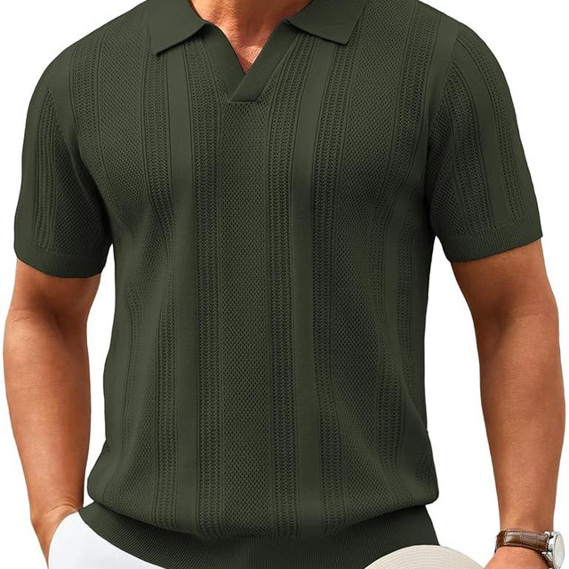 COOFANDY Mens Knit Polo Shirts V Neck Textured Polo Shirts Short Sleeve Breathable Polo Casual Collared T Shirt Fashion Tops