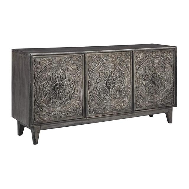 Signature Design by Ashley - Fair Ridge 3-Door Accent Cabinet - Contemporary - Hand Carved Solid Wood - Antique Gray Finish
