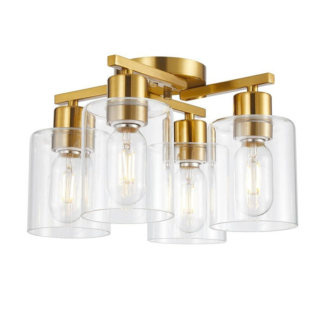 DIDUIO 4 Light Semi Flush Mount Ceiling Light Brushed Gold Kitchen Lighting Fixtures Ceiling Brass Hallway Cieling Lights Fixture with Clear Glass Shade for Bedroom Dining Room