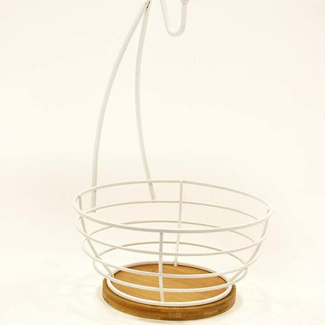 AQ Modern Wire Fruit/Produce Tree Basket with Banana or Grape Hook Hanger, Kitchen Centerpiece Stand - Matte White & Bamboo