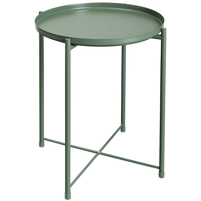 HollyHOME Tray Metal End Table, Sofa Table Small Round Side Tables, Anti-Rust and Waterproof Outdoor & Indoor Snack Table, Accent Coffee Table,（H） 20.28" x（D） 16.38", Atrovirens