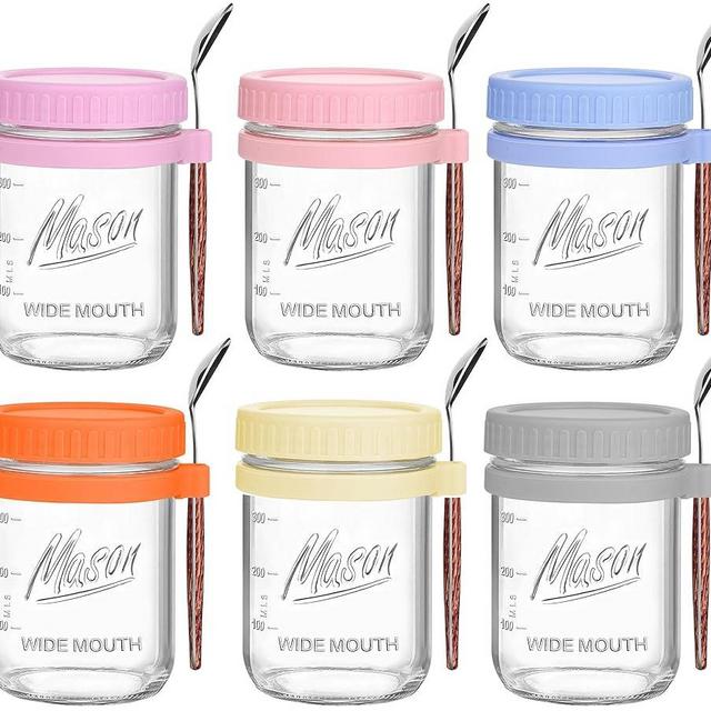 Jeitae 6 Pack Overnight Oats Containers with Lids and Spoon, 16 oz Glass Mason Jars, BPA-Free,Reusable,Large Capacity Airtight, Leak-Proof Meal Prep Jars for Oatmeal, Milk, Cereal, Fruit, Yogurt