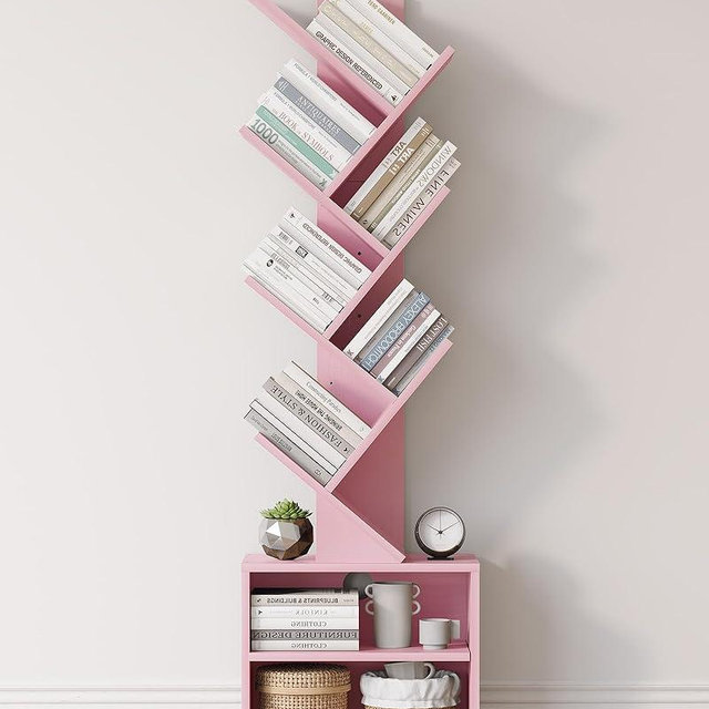 SUNMORY 6 Tier Tree Bookshelf, Tall Bookcase with Storage Cabinet, Modern Narrow Bookshelves Organizer, Floor Standing Book Shelf for Bedroom/Living Room/Home Office/Corner, Pink