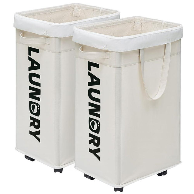 Goodpick Laundry Baskets with Wheels and Handle, 2-Pack 75L Collapsible Laundry Baskets, Clothes Laundry Basket with Removable Wash Bags for Corner Dorm, White Rolling Laundry Hamper