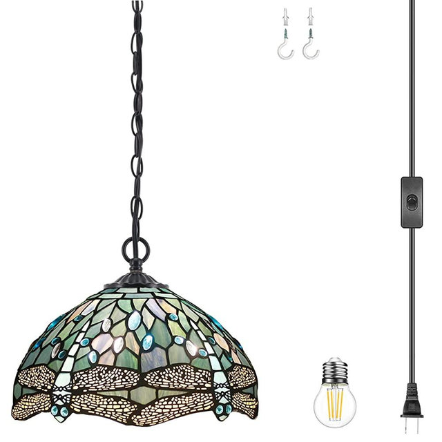 WERFACTORY Tiffany Pendant Light Plug in Sea Blue Stained Glass Dragonfly 12 Inch Hanging Lamp 15FT Cord S147 Series