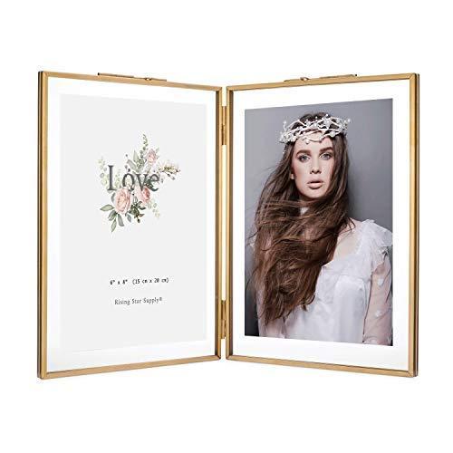 Rising Star Double 6x8 Folding Picture Frames, Gold Metal Pressed Glass Photo Frame Brass