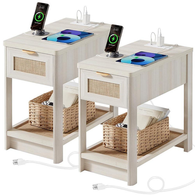 Lerliuo Narrow Night Stand Set of 2 with Charging Station, Boho Nightstand with Drawer, Bed Side End Table with Rattan Shelf for Small Spaces, Wood Nightstands Bedside Tables for Living Room Bedroom