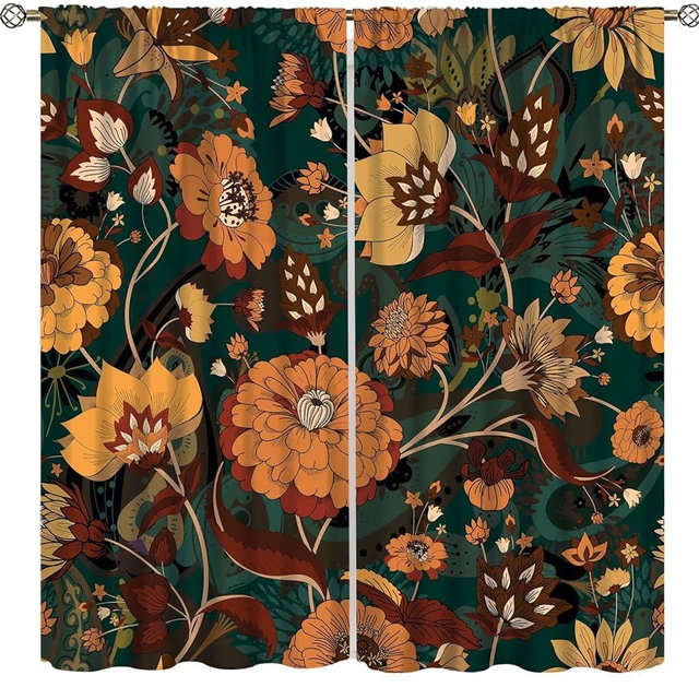 ICMOLYYENLO Floral Blackout Curtains Watercolor Floral Botanical Floral Boho Pattern Living Room Curtains Home Decoration Living Room Bedroom Insulated Curtains 42x45 inches 2 Panels