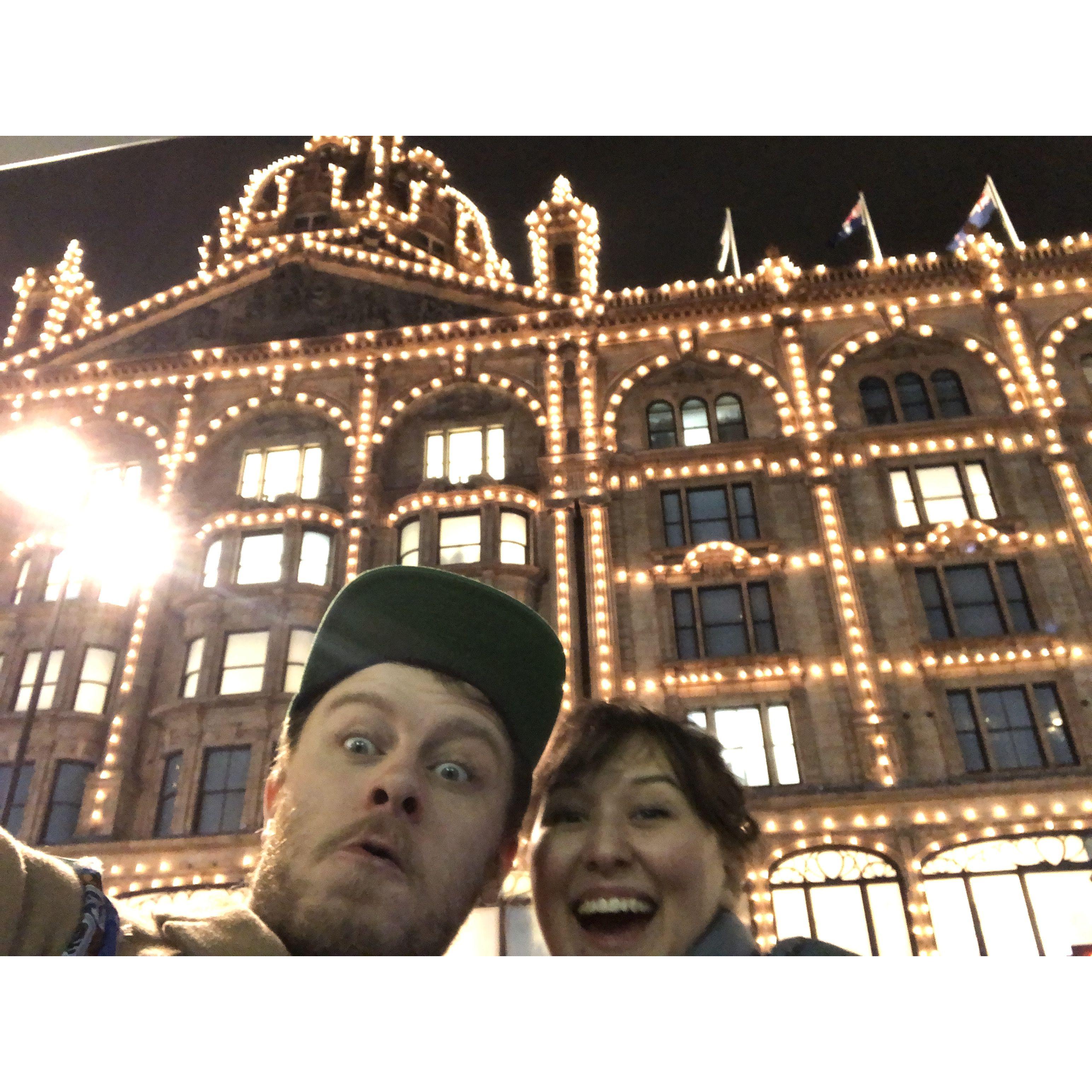 Harrods lights at night, London