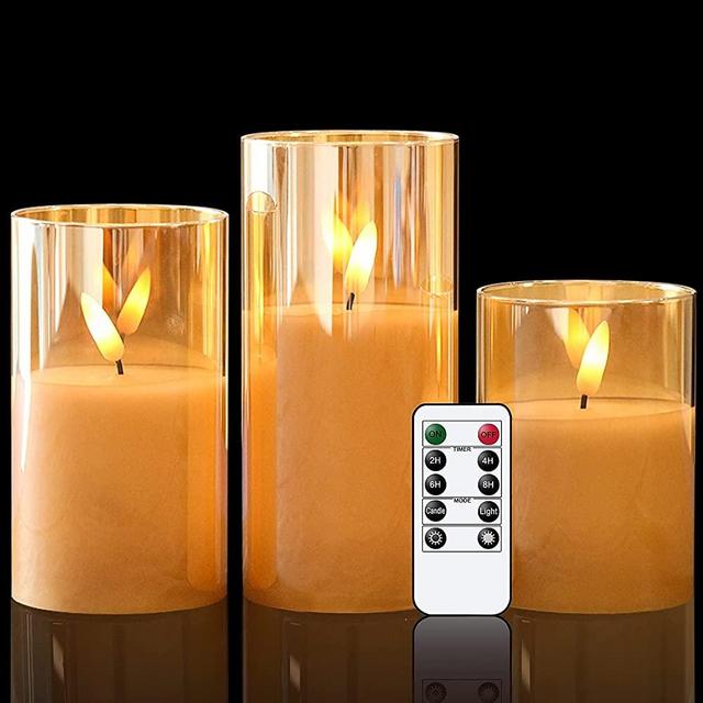 GenSwin Glass Flameless Candles Battery Operated with Remote Timer, LED FLameless Flickering 3D Wick Pillar Candles Real Wax for Festival Wedding Christmas Home Party Decor(Gold, Pack of 3)