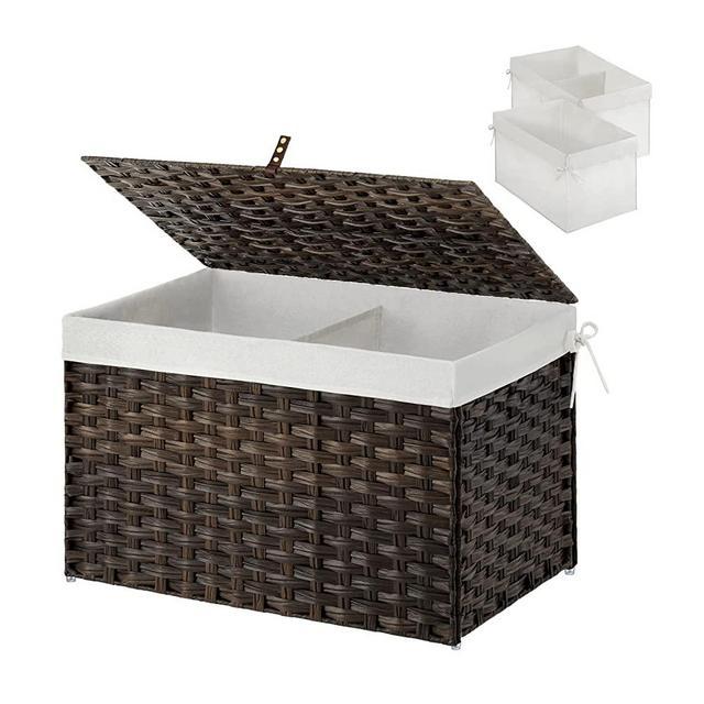 GREENSTELL Storage Basket with Lid, Handwoven Large Shelf Basket with Cotton Liner and Metal Frame, Foldable & Easy to Install, Storage Box Basket Bin with Handle for Bedroom, Laundry Room Brown 65L