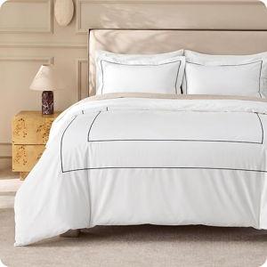 Bedsure Hotel Collection Duvet Cover Queen, 100% Cotton Percale Duvet Cover, White Comforter Cover with Frame Embroidery, PureWoven Breathable & Lightweight Bedding Set for All Season, 3 Pcs, 90"x90"