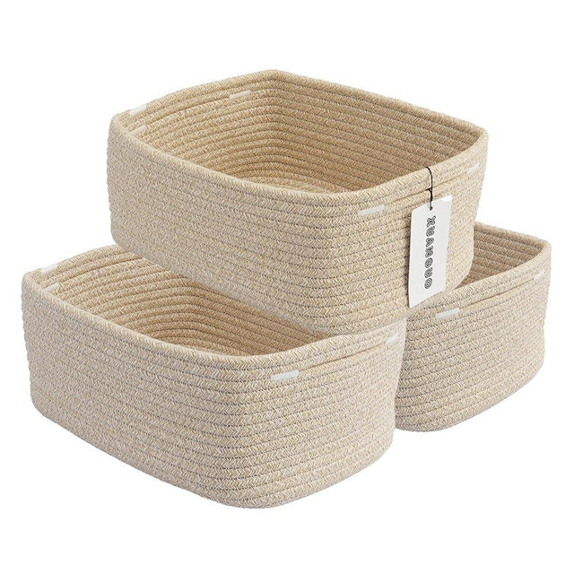 XUANGUO Small Woven Storage Baskets 12“X8”X5“ Decorative Rope Bins for Organizing Shelves, Closets, and Toys, Empty Gift Baskets, Cute Organizer Basket for Home and Office (oatmeal, regular)