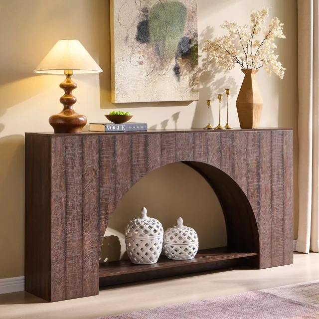 Console Table with Arched Open Shelf, 63" Modern Console Table with Storage, Narrow Console Table for Entryway Living Room, Brown