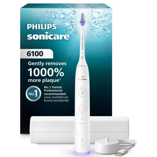 Philips Sonicare 6100 Rechargeable Electric Toothbrush with Brush Head - White: Medium Nylon Bristles, Includes Charger Base & Travel Case